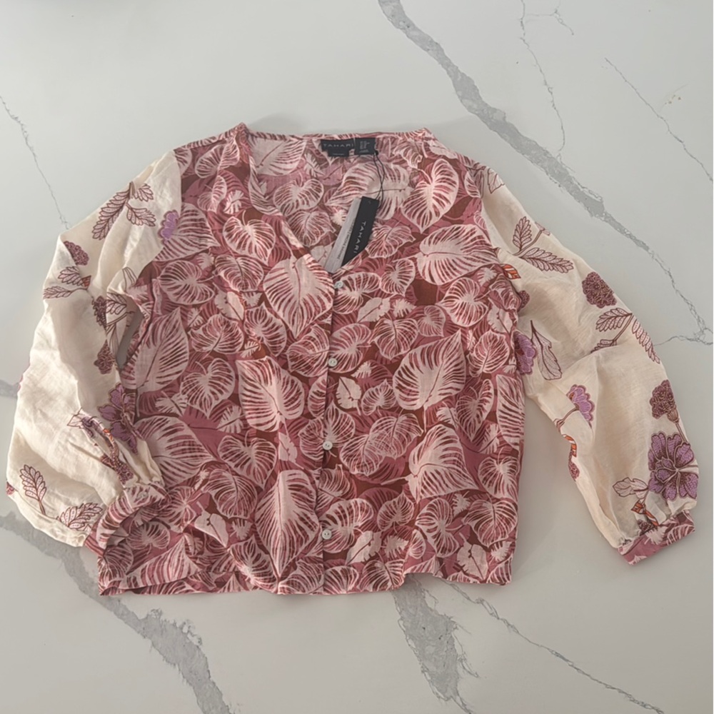 NWT Tahari XS Floral Pink and Cream Floral Pattern Linen Blouse